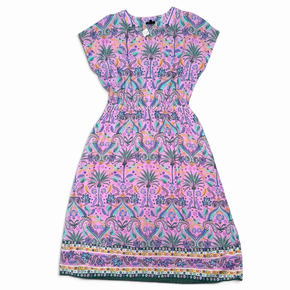 Talbots Fit & Flare Sun Dress Birds Palms Pink Cotton M Midi Tradwife Beachy